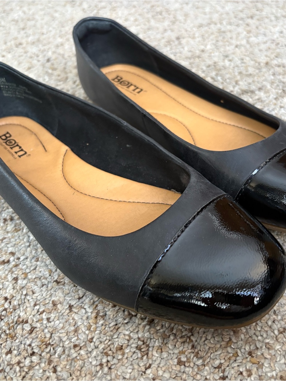 Born Black Leather Ballet Flats with Patent Cap Toe